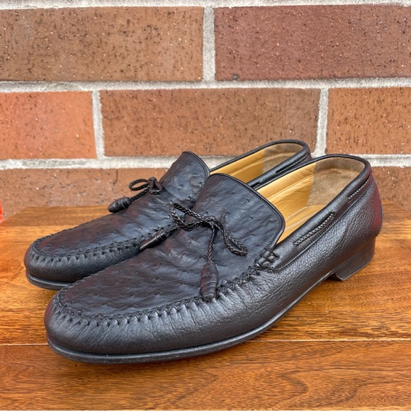 Johnston & Murphy Loafer Dress Shoes Mens 11 Black Genuine Ostrich Made In Italy - Picture 3 of 15